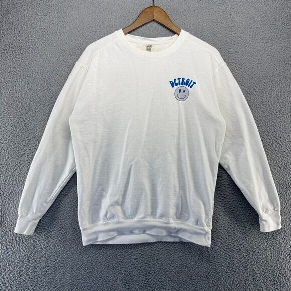 Detroit Sweatshirt Women's Medium White Blue Graphic Crewneck Spellout Football - Picture 2 of 10